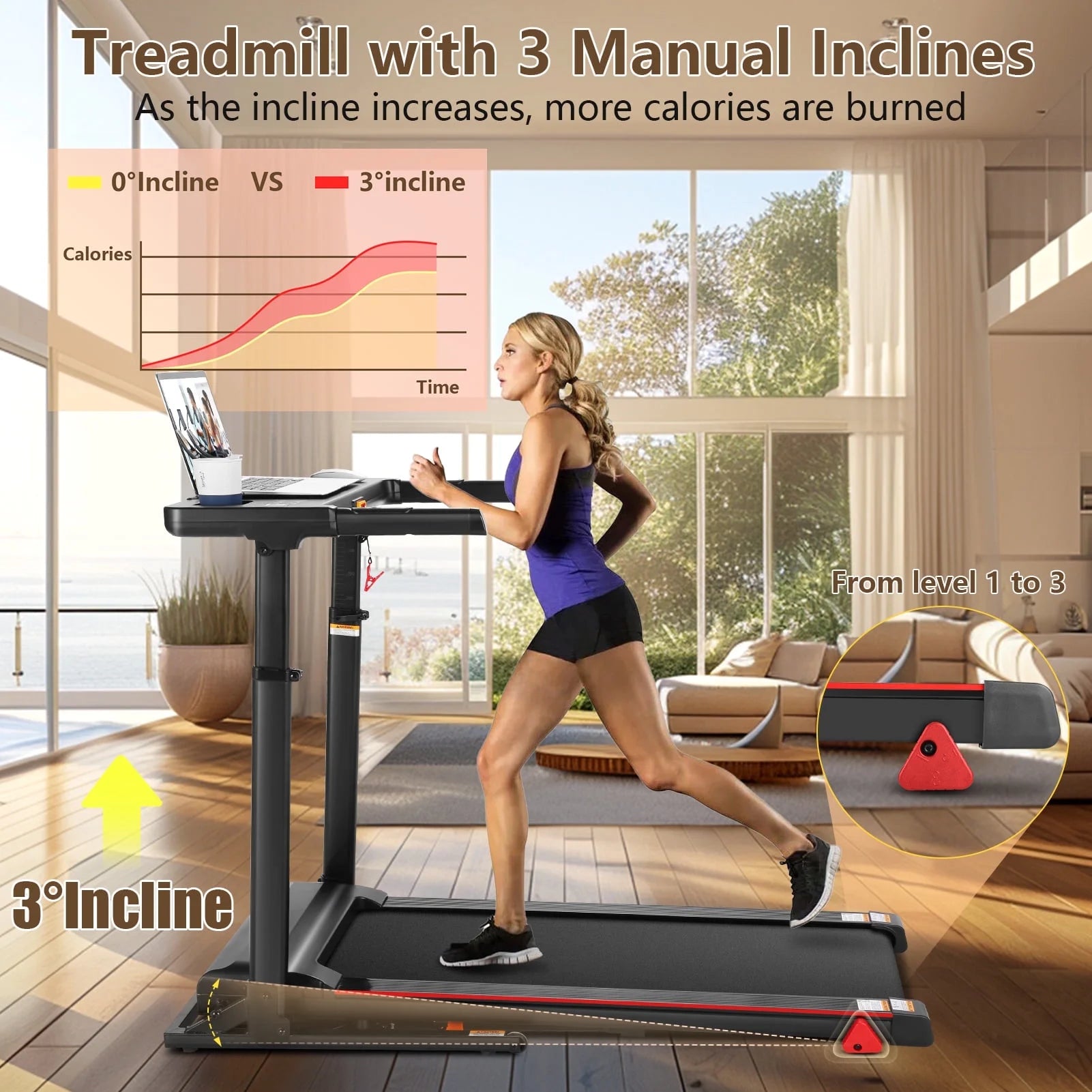 Treadmill with Desk, 300Lbs Folding Treadmill, Running Machine with Incline, App, Bluetooth Speakers, LED Monitor, 64 Programs, 0.6-7.5MPH