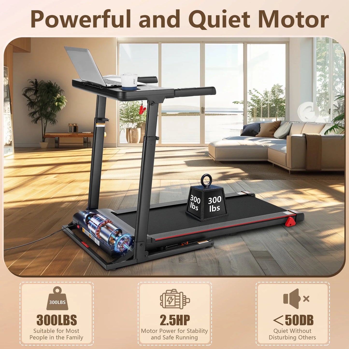 Treadmill with Desk, 300Lbs Folding Treadmill, Running Machine with Incline, App, Bluetooth Speakers, LED Monitor, 64 Programs, 0.6-7.5MPH