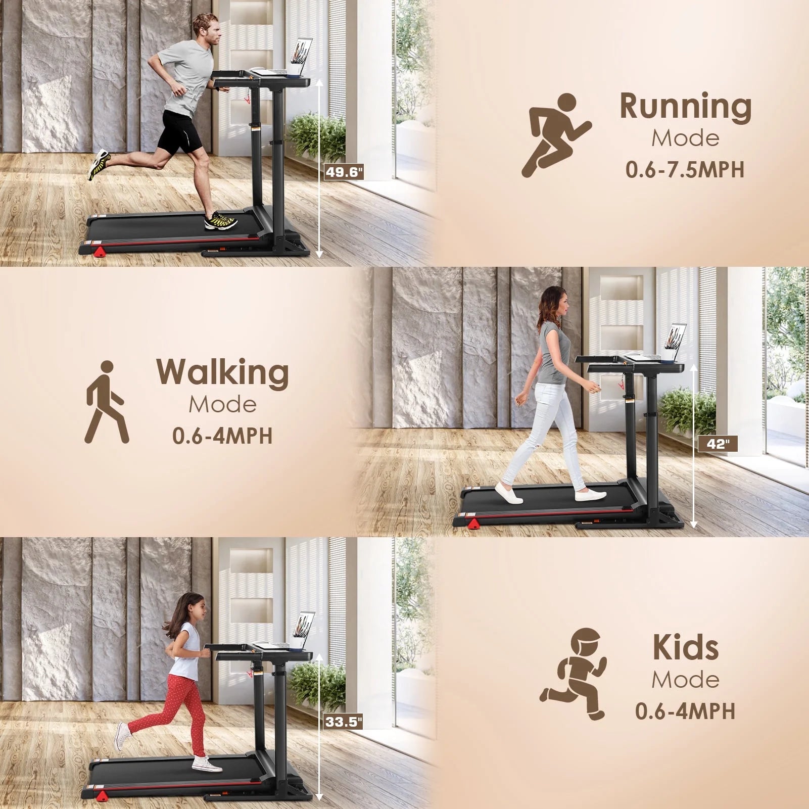 Treadmill with Desk, 300Lbs Folding Treadmill, Running Machine with Incline, App, Bluetooth Speakers, LED Monitor, 64 Programs, 0.6-7.5MPH