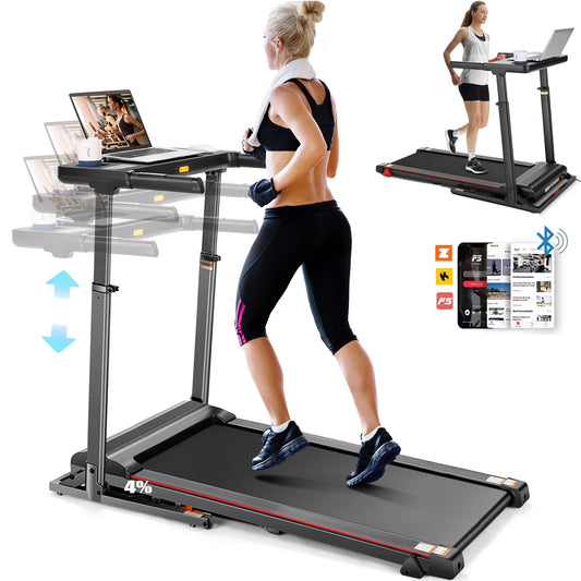 Treadmill with Desk, 300Lbs Folding Treadmill, Running Machine with Incline, App, Bluetooth Speakers, LED Monitor, 64 Programs, 0.6-7.5MPH