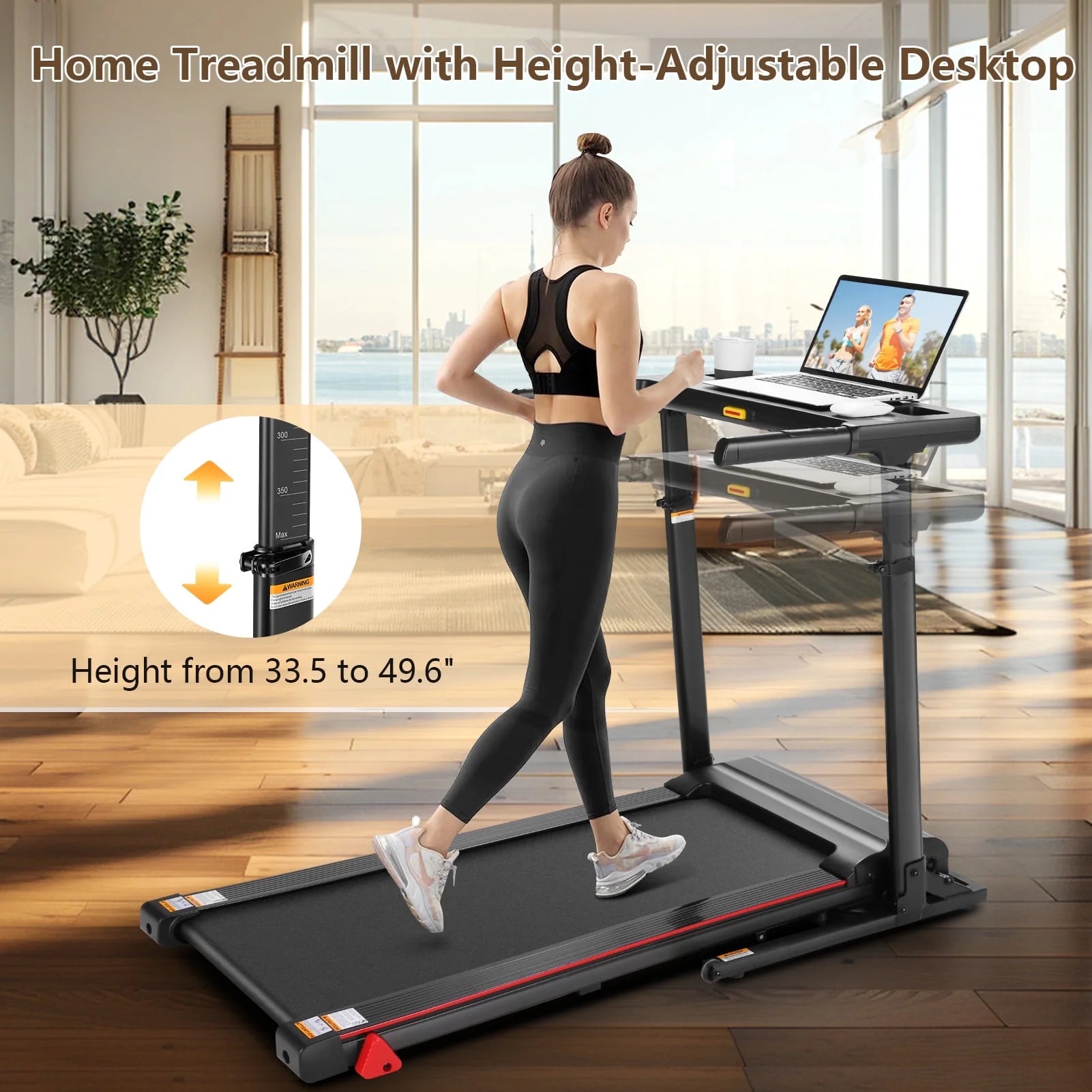 Treadmill with Desk, 300Lbs Folding Treadmill, Running Machine with Incline, App, Bluetooth Speakers, LED Monitor, 64 Programs, 0.6-7.5MPH